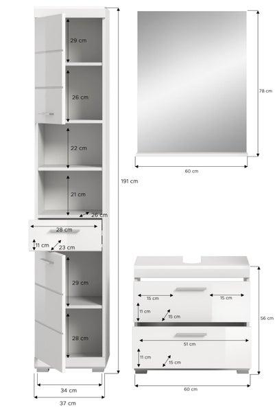 Maßzeichnung für ein Badezimmermöbel-Set bestehend aus Hochschrank, Spiegel und Waschbeckenunterschrank mit Maßangaben in Zentimeter.