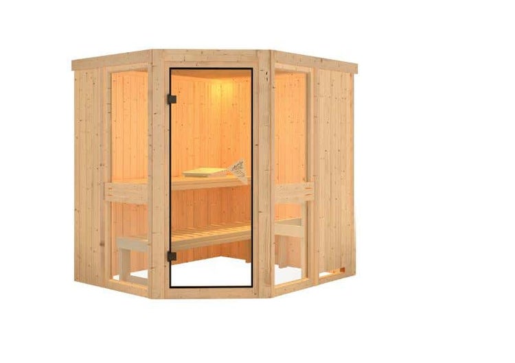 Karibu Sauna Innenkabine Amelia Innensauna 2 Sitzbänke aus Holz , Saunakabine mit 68 mm Wandstärke, Infrarotsauna mit Montagematerial