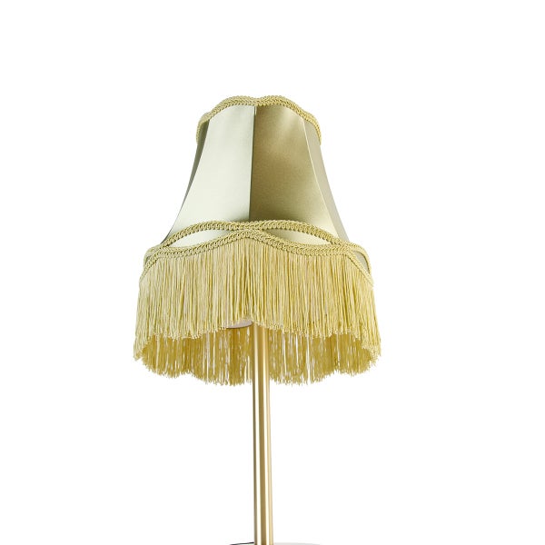 Goldfarbener Lampenschirm aus Stoff mit Fransen und dekorativer Borte im klassischen Design.