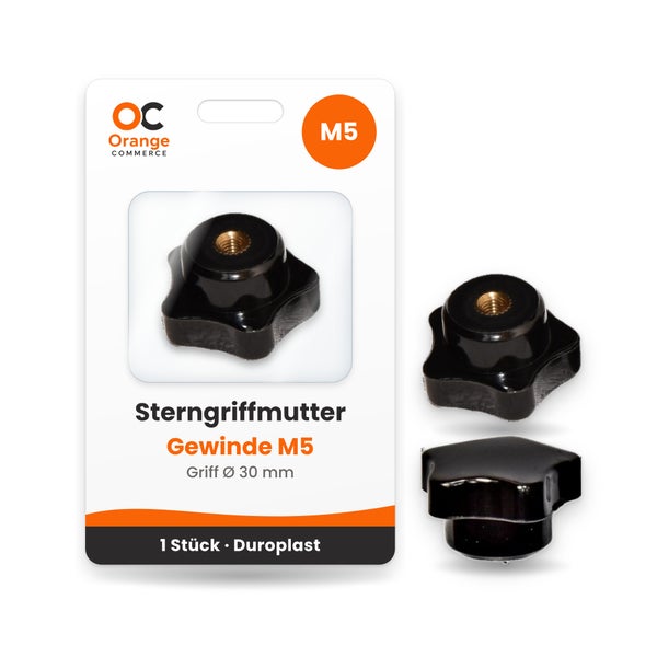 Sterngriffmutter aus Duroplast mit Gewinde M5 und 30 Millimeter Durchmesser in einer Verkaufsverpackung, Orange Commerce Logo