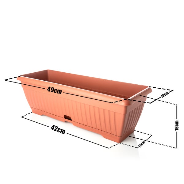 BigDean 3x Blumenkasten mit abnehmbarem Untersetzer - Terracotta 50 cm lang aus bruchsicherem Kunststoff - Balkonkasten Pflanzkasten mit Wasserspeicher für Innen- & Außenbereich geeignet - Made in Europe