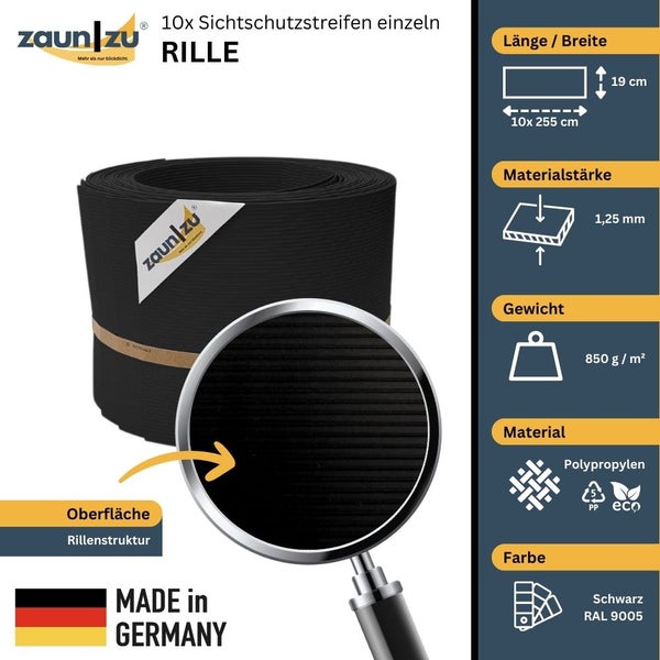 Zehn Sichtschutzstreifen aus Polypropylen mit Rillenstruktur in Schwarz, Maße 255 cm mal 19 cm