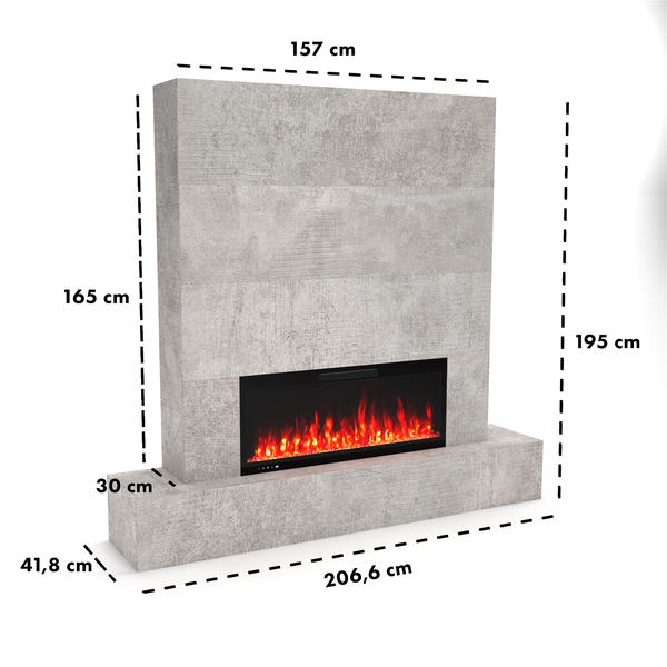 Glow Fire Fernsehwand mit Kamin 'Inside 106'| Cinewall mit Elektrokamin in Beton mit Heizung (1500 W) | BxHxT: 206,6x157x41,8 cm