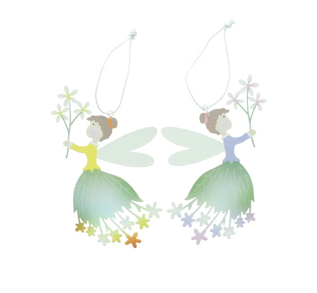 FRANK FLECHTWAREN|Hänger Fee mit Blütenkleid, 2er Set, 17 x 10 cm, METALL, GUMMI