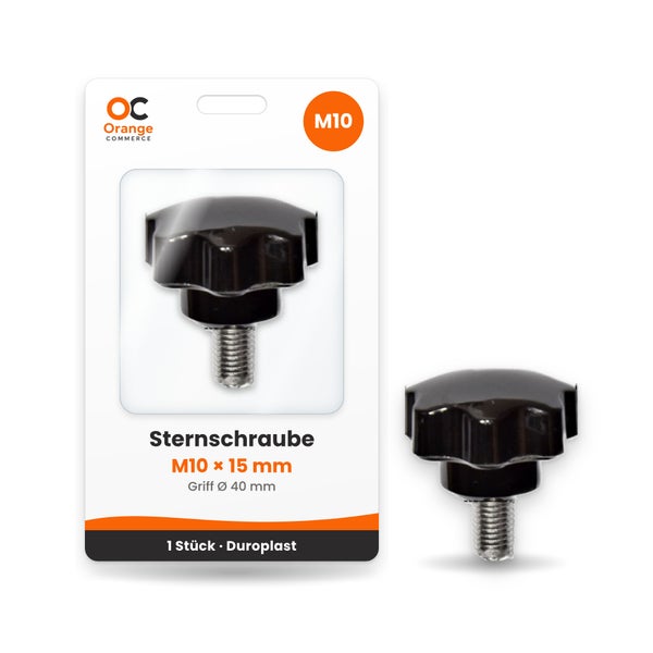 Sternschraube M10 mal 15 Millimeter mit 40 Millimeter Griffdurchmesser aus Duroplast, in Blisterverpackung inklusive Orange Commerce Logo.