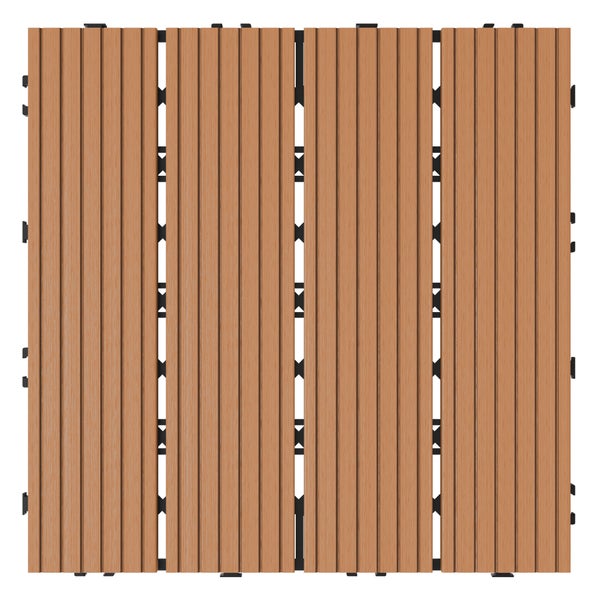 Quadratische WPC-Klickfliese für die Terrasse mit geriffelter Oberfläche und sichtbarem Klicksystem.