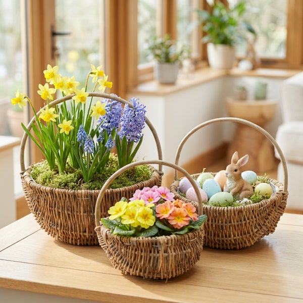 Drei rustikale Weidenkörbe mit Frühlingsblumen wie Narzissen und Hyazinthen, Primeln sowie einer Osterhasenfigur und Ostereiern als Tischdeko.