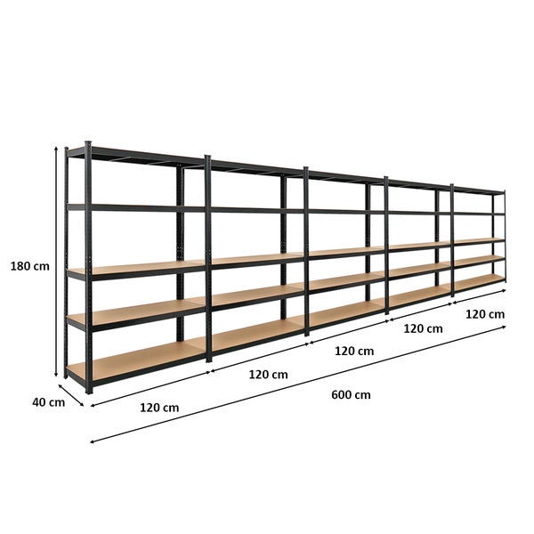 PROREGAL Mega Deal 5x Schwerlastregal Ragnar HxBxT 180 x 120 x 40 cm Fachlast 175 kg Schwarz Garagenregal Kellerregal Werkstattregal Steckregal