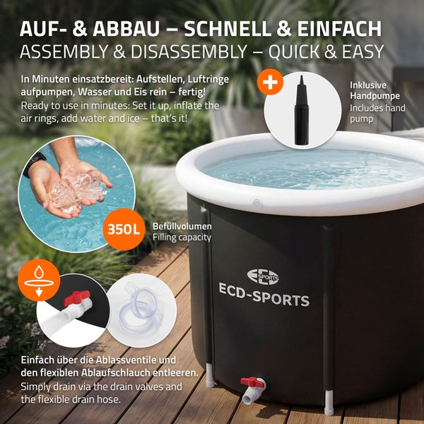 Tragbares Eisbad von ECD Sports mit 350 Liter Fassungsvermögen, inklusive Handpumpe, Ablassventil und Ablaufschlauch für schnellen Auf- und Abbau.