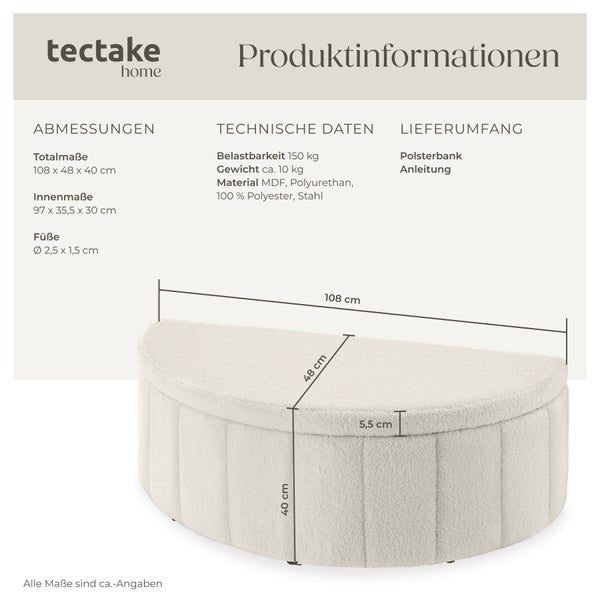 tectake home Logo. Produktinformationen für eine halbrunde Polsterbank mit Maßen 108 mal 48 mal 40 Zentimeter und einer Belastbarkeit von 150 Kilogramm.