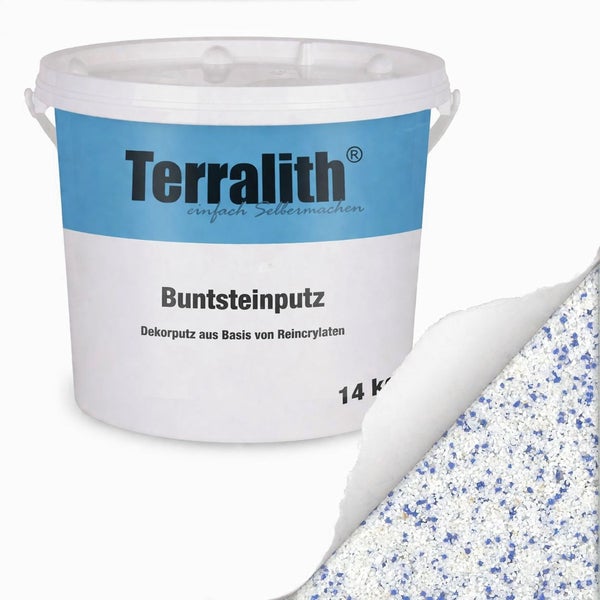 Terralith Buntsteinputz 14 Kilogramm Eimer, Dekorputz aus Reincrylaten, weiße Grundfarbe mit blauen und grauen Steingranulaten.