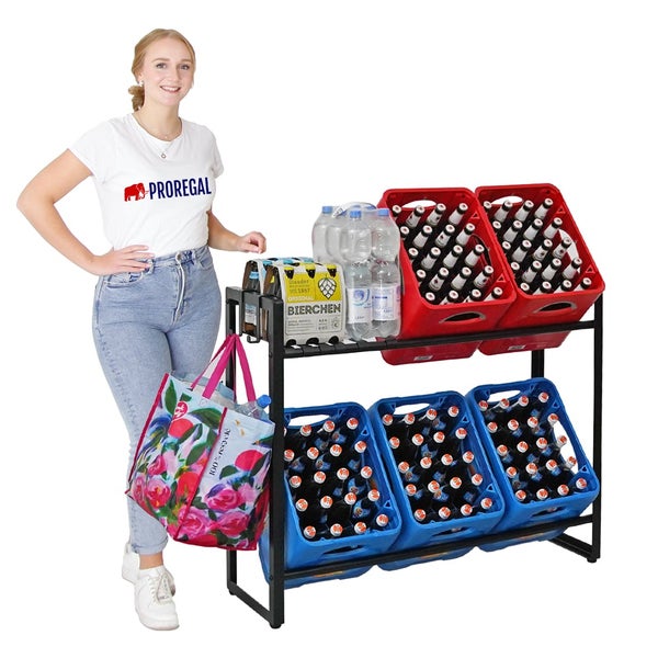 PROREGAL Getränkekistenregal KÖNIGSSEE PLUS inkl. 2 Haken & 6 Auflageträger HxBxT 84x104x33cm Höhenverstellbare Füße Für 6 Kisten Schwarz