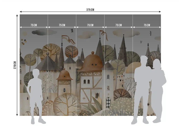 Fototapete mit Märchenstadt-Motiv, illustrierte Türme und Bäume, Breite 375 Zentimeter, Höhe 270 Zentimeter, bestehend aus fünf Bahnen.