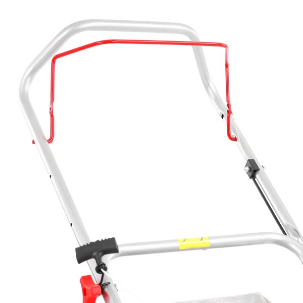 Rasenmäher-Führungsholm aus Metall mit rotem Sicherheitsbügel, schwarzem Startergriff und rotem Verstellknopf.