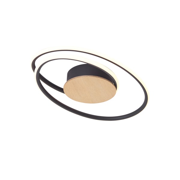 Moderne LED Deckenleuchte in Ringform mit Holzelementen zur Beleuchtung von Wohnräumen.