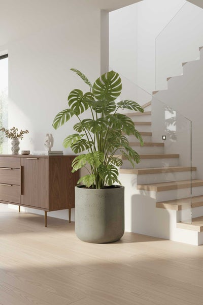 Große Monstera Pflanze in einem grauen runden Pflanzkübel in einem hellen, modernen Flur neben einer Treppe und einem Sideboard.