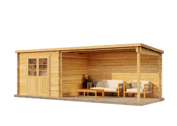 Alpholz Gartenhaus Brilon 28-A Gartenhaus aus Holz in Pinie, Holzhaus mit 28 mm Wandstärke inklusive Terrasse, Blockbohlenhaus mit Montagematerial imprägniert 6,9x2,5m