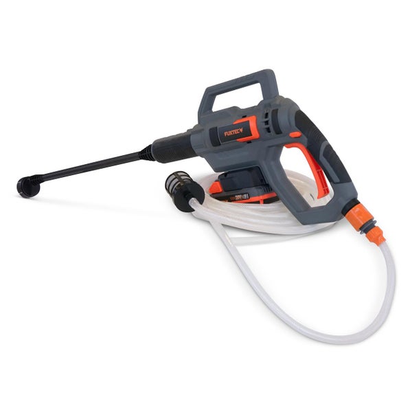 Fuxtec Akku-Druckreiniger mit 20 Volt Akku, Sprühlanze und Schlauch.