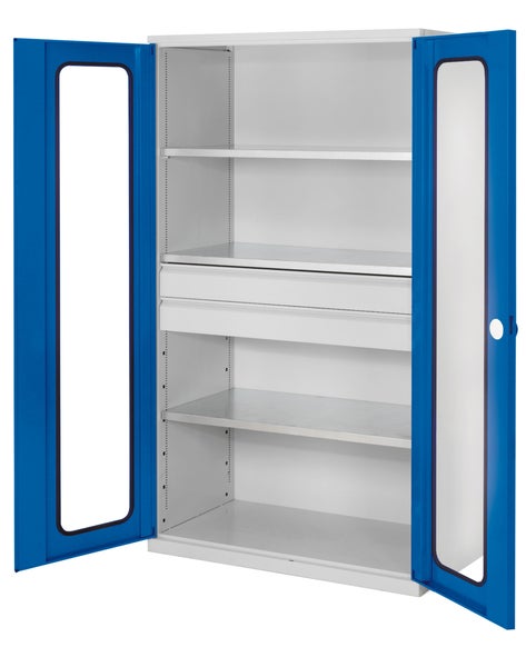 Stahlschrank mit Sichtfenstern, Fachböden und Schubladen