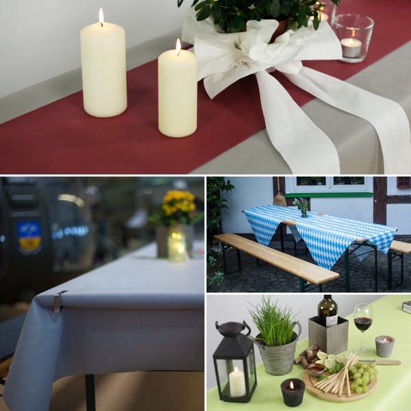 Collage verschiedener Tischdekorationen mit Tischdecken und Accessoires.