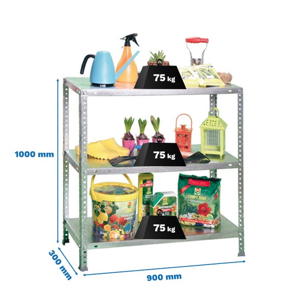 Verzinktes Metallregal mit drei Fachböden, Belastbarkeit 75 Kilogramm pro Boden. Maße: 1000 mal 900 mal 300 Millimeter.