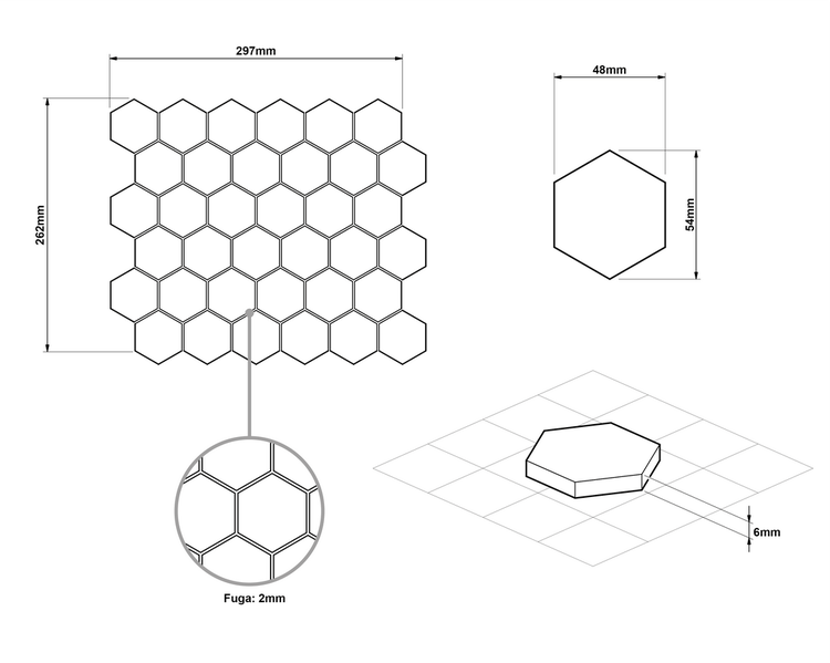 Technische Zeichnung von sechseckigen Fliesen mit Maßangaben