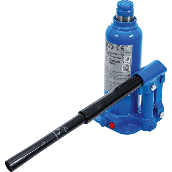 Blauer hydraulischer Stempelwagenheber, 3 Tonnen Tragkraft, BGS Technic, mit schwarzer Pumpstange.