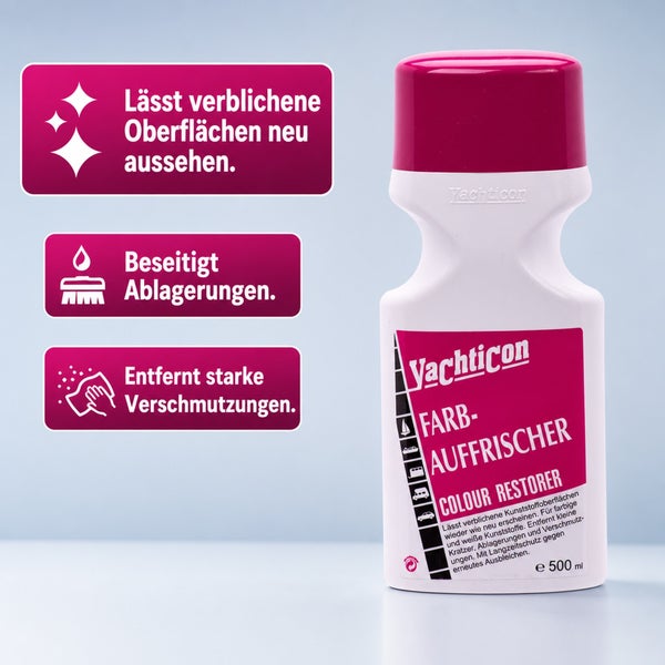 Vachticon Farbauffrischer für Kunststoffoberflächen 500 Milliliter zum Entfernen von Verschmutzungen und Auffrischen verblichener Oberflächen.