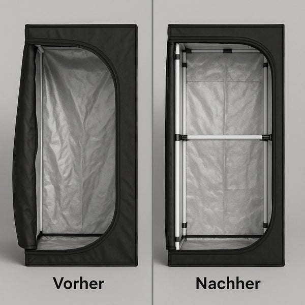 Vorher-Nachher-Ansicht eines Growzelts für den Innenbereich