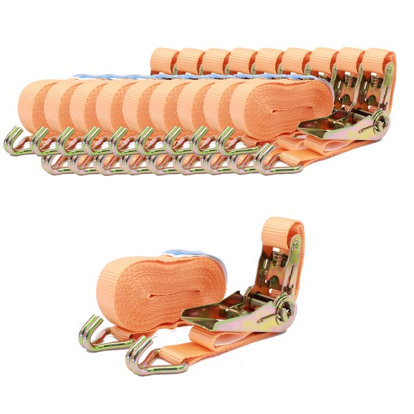 Set von Zurrgurten mit Ratsche und Haken aus Metall zum Sichern von Ladung bei Transporten.