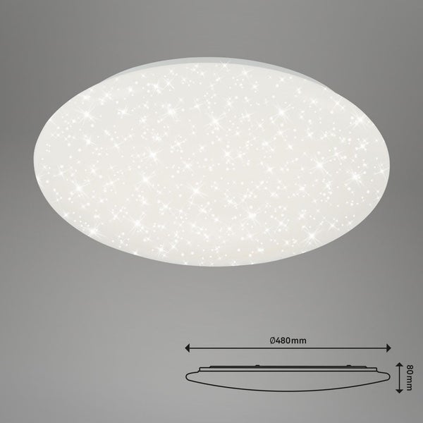 Runde LED Deckenleuchte mit Sternenhimmel-Effekt, Durchmesser 480 Millimeter, Höhe 80 Millimeter.