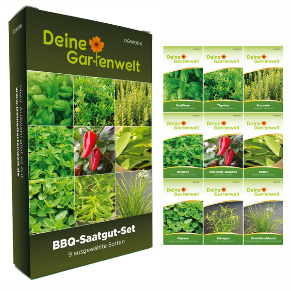 BBQ-Saatgut-Set von Deine Gartenwelt mit 9 Sorten: Basilikum, Thymian, Rosmarin, Oregano, Chili, Salbei, Majoran, Estragon und Schnittknoblauch.