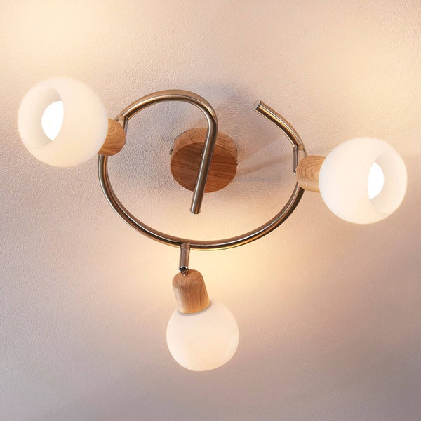 Lindby Deckenlampe Glas, Metall in Holzoptik Deckenstrahler drehbar und schwenkbar 3x E14 max. 40W ohne Leuchtmittel Deckenleuchte Spot Strahler