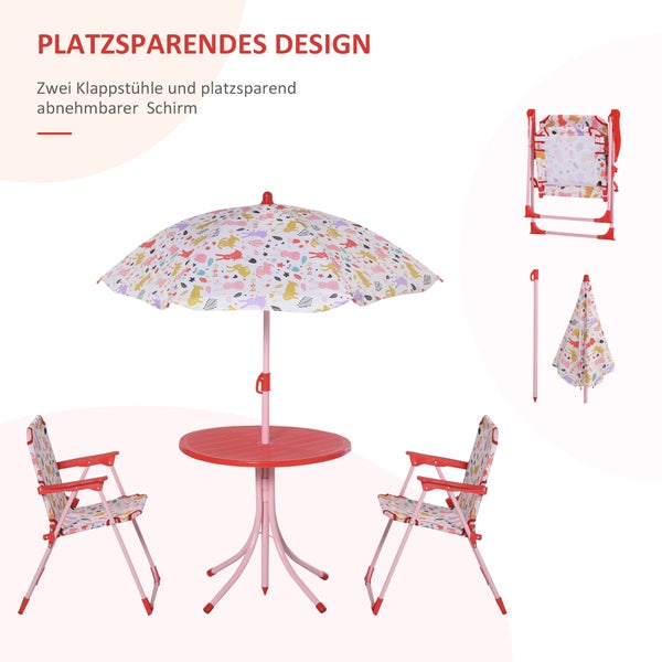 Outsunny 4tlg. Kindersitzgruppe, Gartentisch mit 2 Klappstühle, für 3-5 Jahre, 50L x 50B x 46H cm, Metall, Polyester, Rot