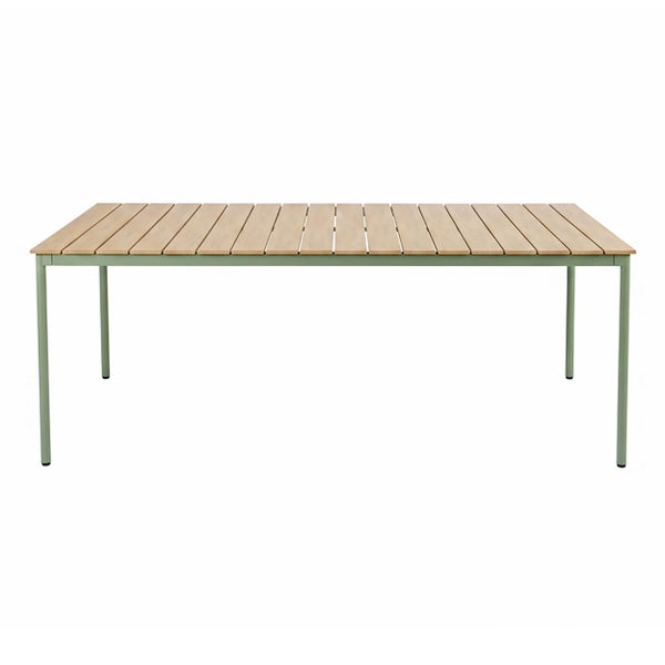 Rechteckiger Gartentisch mit einer Tischplatte aus Holzlatten und einem grünen Metallgestell.