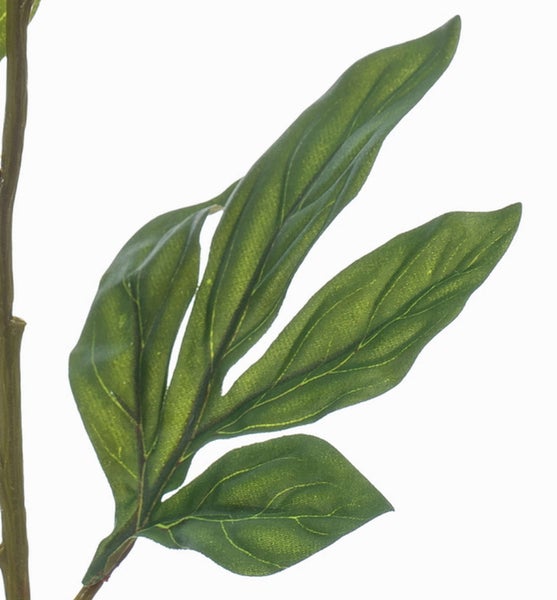 Künstliche Pfingstrose in Purpurrosa mit grünem Stiel und Blättern.