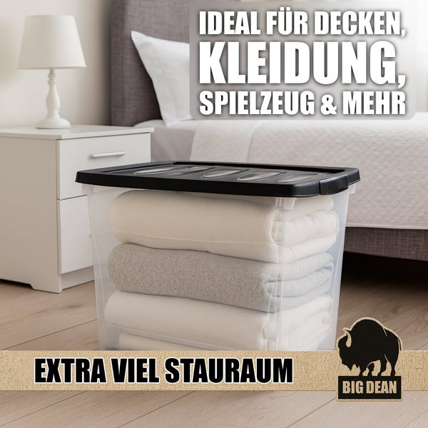 Durchsichtige Aufbewahrungsbox mit Deckel zur Lagerung von Decken und Kleidung im Schlafzimmer, Big Dean Logo.