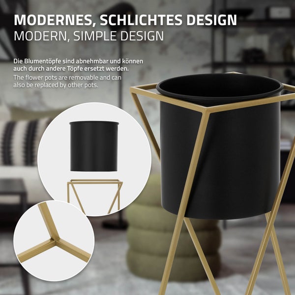 ML-Design Blumenständer 2er Set, Schwarz-Gold, 21x21x51/24x24x70,5 cm, Stahl, Blumentopfständer mit Übertopf, Metall Pflanzenständer, Blumentopfhalter 2-tlg, Pflanztopf Deko Blumensäule Blumenhocker