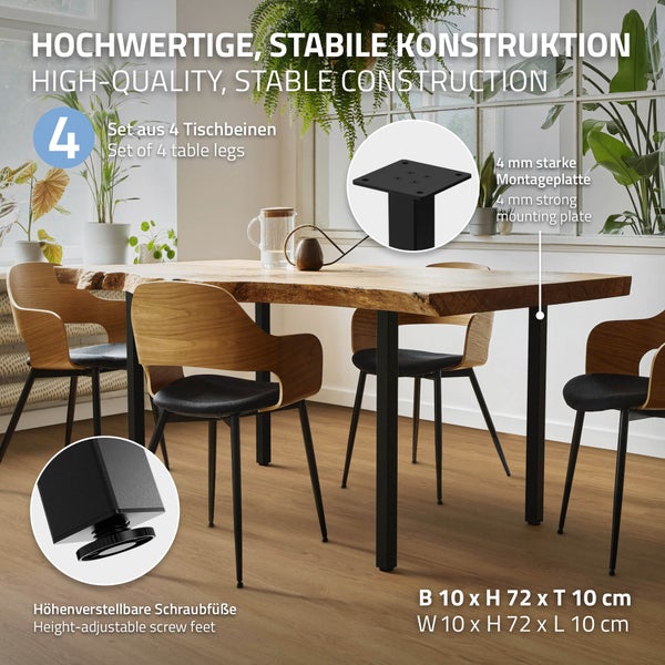 ML-Design 4er Set Tischbeine I-Design 72 cm, Schwarz glänzend, aus pulverbeschichtetem Stahl, eckig, Profil 4x4 cm, Höhenverstellbare Möbelfüße 1-4cm, Möbelbeine für Esstisch Schreibtisch Arbeitstisch