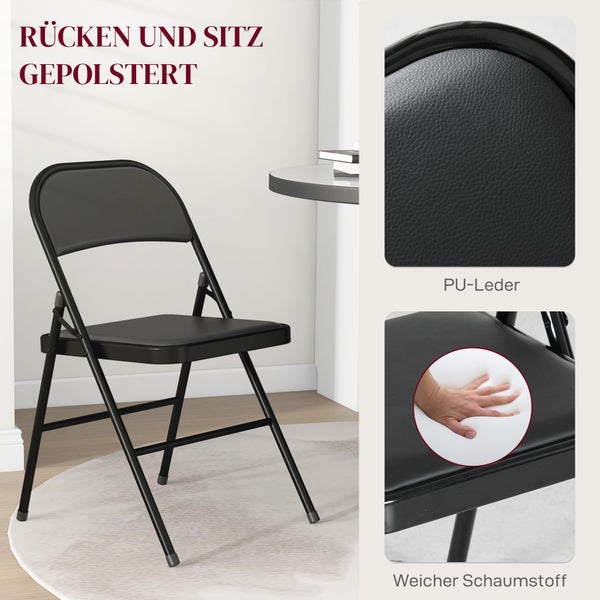 HOMCOM 4er-Set Klappstühle, Tragbare Bürostuhl mit Kissen, Stahlbeine, Faltstuhl für Büro Empfang Wartezimmer, Kunstleder, Schwarz
