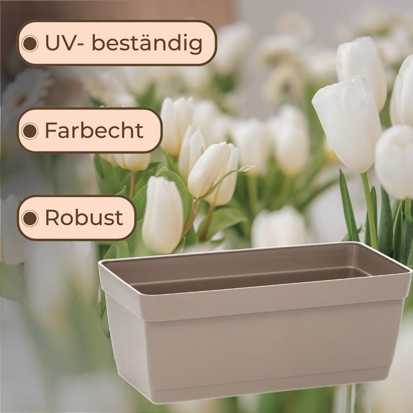 Rechteckiger Pflanzkasten, ultraviolettbeständig, farbecht und robust.