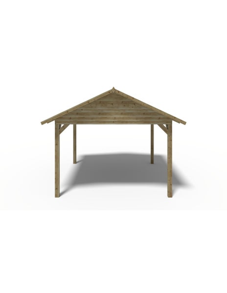Holzcarport mit Satteldach und vier Pfosten, freistehend.