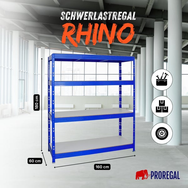 Blaues Schwerlastregal Rhino von Proregal, 4 Böden. Maße 180 mal 160 mal 60 Zentimeter. Geeignet für Werkzeug, Boxen und Reifen. Proregal Logo.
