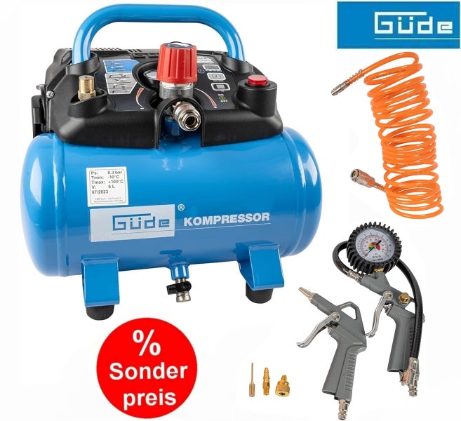 Güde Kompressor mit 6 Liter Tank, Spiralschlauch, Reifenfüllmesser, Ausblaspistole und Adaptern. Güde Logo. Sonderpreis.