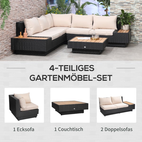 4-teiliges Gartenmöbel-Set aus dunklem Polyrattan mit einem Ecksofa, zwei Doppelsofas, einem Couchtisch und hellen Polstern.
