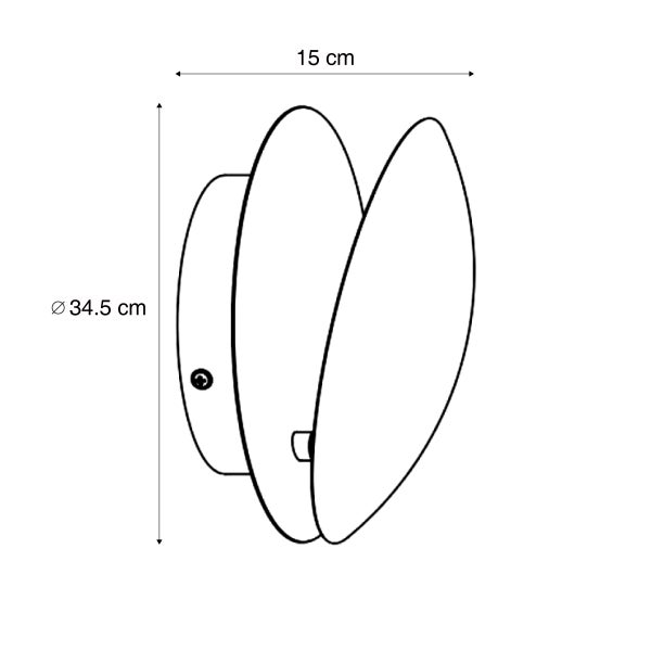Skizze einer Wandleuchte mit den Maßen 34,5 cm Höhe und 15 cm Tiefe.