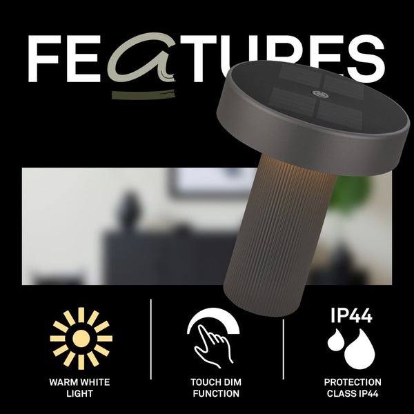 Eigenschaften der Tischleuchte: warmweißes Licht, Touch-Dimmfunktion und Schutzart IP44.