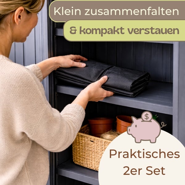 Frau verstaut eine klein gefaltete schwarze Matte in einem grauen Schrank. Darunter steht ein Korb mit Pflanztöpfen. Praktisches Zweier Set.