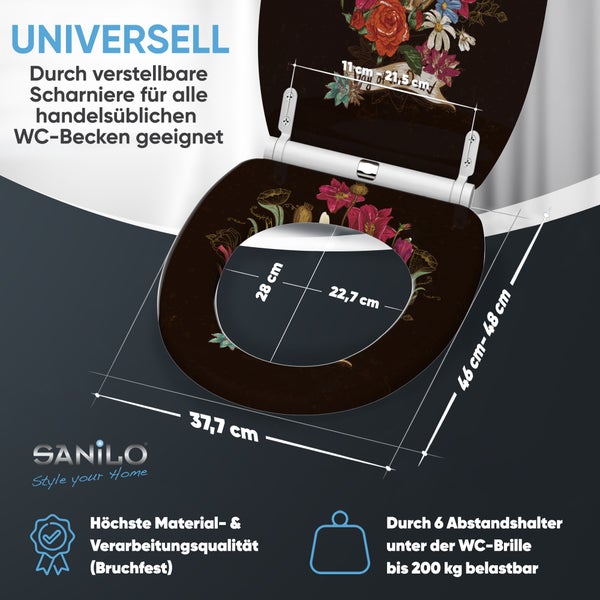 Sanilo Logo. WC-Sitz mit floralem Muster. Scharniere 11 bis 21,5 Zentimeter. Außen 37,7 mal 46 bis 48 Zentimeter. Bruchfest, 200 Kilogramm belastbar.