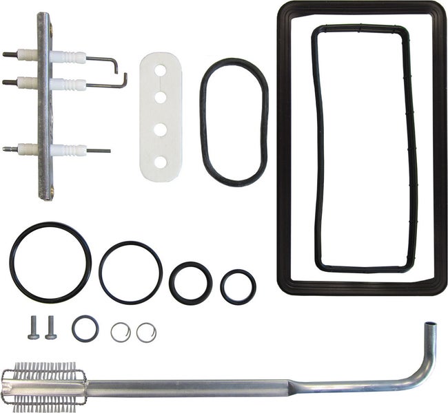 Wartungsset für Heizungsanlagen mit Zündelektroden, Gummidichtungen, O-Ringen, Reinigungsbürste und Schrauben.